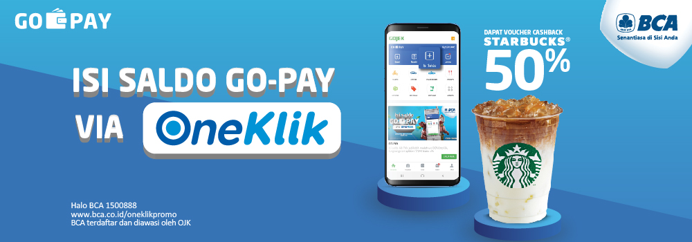 Isi Saldo GO-PAY via BCA OneKlik Dapat Voucher Cashback Starbucks 50%
