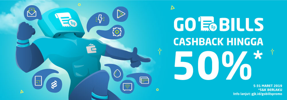 Promo GO-BILLS Maret 2019: Voucher Cashback Hingga 50%