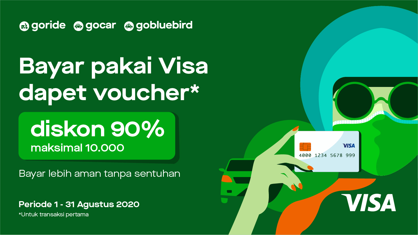 Promo Visa Agustus 2020: Bonus Voucher Diskon 90% GoRide, GoCar, & GoBluebird